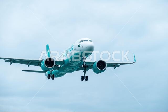 Batumi Georgia - JUL 20, 2022: Flynas Airbus A320neo airplane landing at Batumi International Airport Batumi Georgia - JUL 20, 2022: Flynas Airbus A320neo airplane landing at Batumi International Airport