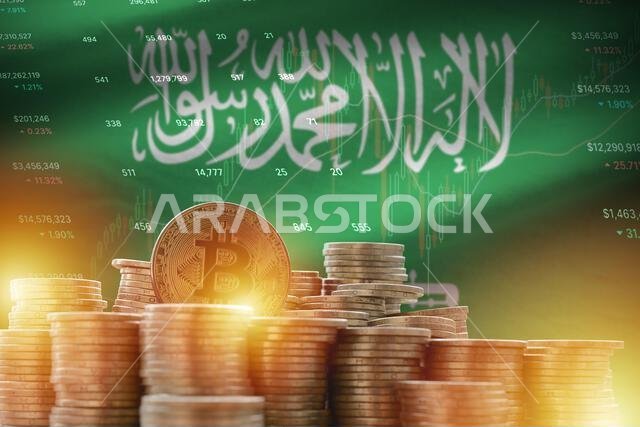 علم المملكة العربية السعودية وكمية كبيرة من عملات البيتكوين الذهبية ومخطط منصة التداول. مفهوم العملات المشفرة
