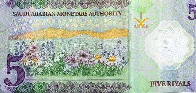 Large fragment of the reverse side of the new polymer 5 SAR five Saudi Arabia riyals cash money banknote bill series 1441 AH 2020 features a field of