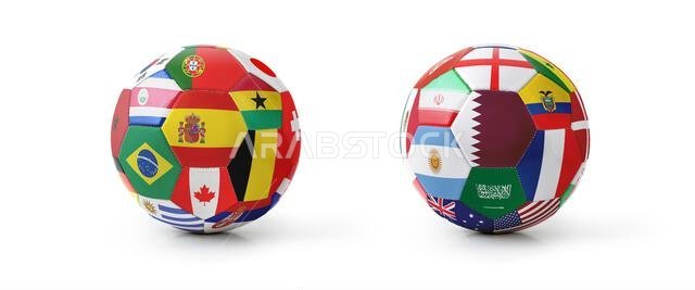 كرتان لكرة القدم لفريقين تأهلا لبطولة العالم 2022 مع خلفية بيضاء معزولة وانعكاس وظل.
