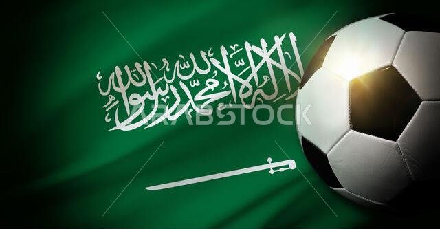 تشكيلة المنتخب السعودي لكرة القدم مع كرة كلاسيكية على أرضية عشبية وعلم في الخلفية. منظر علوي. تشكيلة المنتخب السعودي لكرة القدم مع كرة كلاسيكية على أرضية عشبية وعلم في الخلفية. منظر علوي.