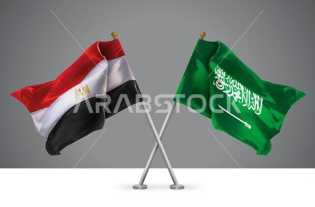 Two Wavy Crossed Flags of Egypt and Kingdom of Saudi Arabia, Sign of Egyptian and Saudi Relationships