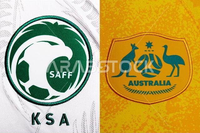 صورة مقرّبة لشعار المنتخب الوطني لكرة القدم على الطقم الأساسي. كأس العالم FIFA قطر 2022.