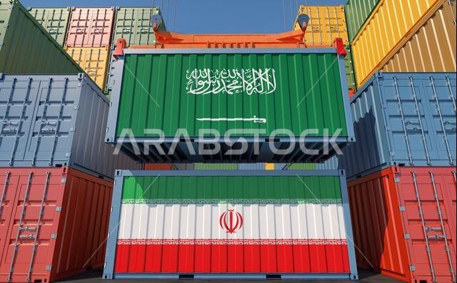 Cargo containers with Iran and Saudi Arabia national flags. 3D Rendering