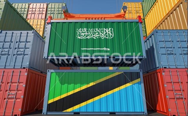 Cargo containers with Saudi Arabia and Tanzania national flags. 3D Rendering