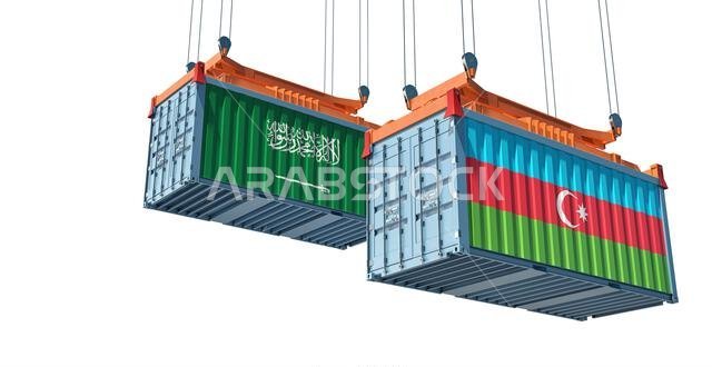 Cargo containers with Saudi Arabia and Azerbaijan national flags. 3D Rendering
