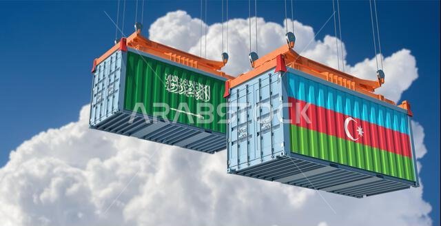 Cargo containers with Saudi Arabia and Azerbaijan national flags. 3D Rendering