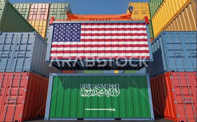 Cargo containers with Saudi Arabia and USA national flags. 3D Rendering