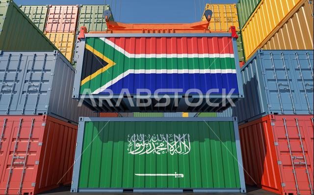 Cargo containers with Saudi Arabia and South Africa national flags. 3D Rendering
