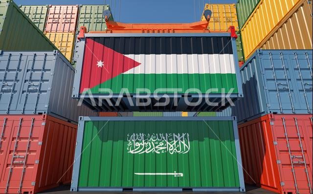 حاويات شحن تحمل أعلام المملكة العربية السعودية والأردن. تصميم ثلاثي الأبعاد