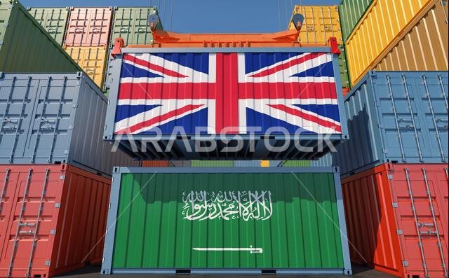 حاويات شحن تحمل أعلام المملكة العربية السعودية والمملكة المتحدة. تصميم ثلاثي الأبعاد