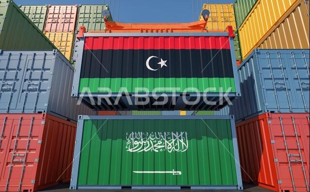 حاويات شحن تحمل علمي المملكة العربية السعودية وليبيا. تصميم ثلاثي الأبعاد