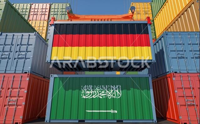 حاويات شحن تحمل علمي المملكة العربية السعودية وألمانيا. تصميم ثلاثي الأبعاد