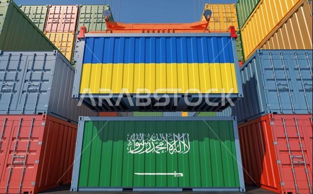 حاويات شحن تحمل أعلام المملكة العربية السعودية وأوكرانيا. تصميم ثلاثي الأبعاد