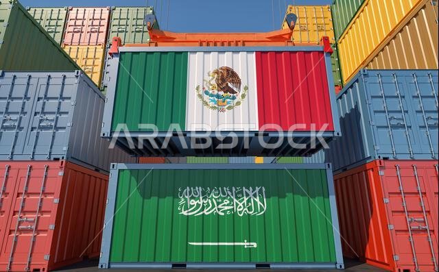 حاويات شحن تحمل أعلام المملكة العربية السعودية والمكسيك. تصميم ثلاثي الأبعاد