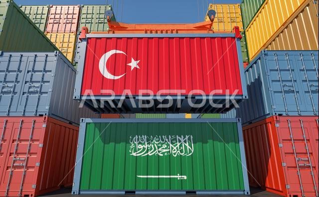 حاويات شحن تحمل أعلام المملكة العربية السعودية وتركيا. تصميم ثلاثي الأبعاد حاويات شحن تحمل أعلام المملكة العربية السعودية وتركيا. تصميم ثلاثي الأبعاد