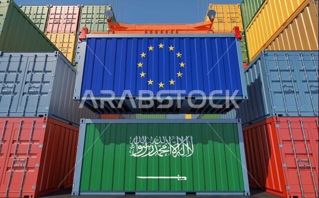 حاويات شحن تحمل أعلام المملكة العربية السعودية والاتحاد الأوروبي. تصميم ثلاثي الأبعاد
