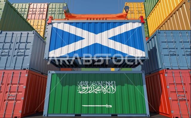 Cargo containers with Saudi Arabia and Scotland national flags. 3D Rendering