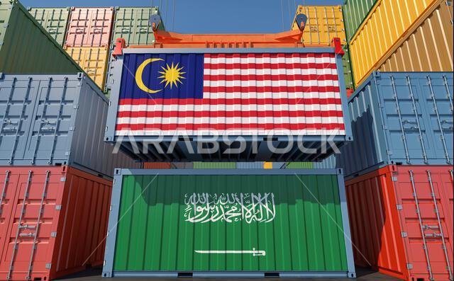 حاويات شحن تحمل أعلام المملكة العربية السعودية وماليزيا. تصميم ثلاثي الأبعاد