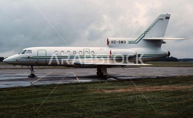 A Dassault Falcon 50 Business corporate, executive, private Jet, registered in Saudi Arabia as HZ-SM3. Photo taken at Hatfield Airport in UK in 1989.