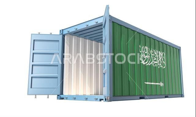 Cargo Container with open doors and Saudi Arabia national flag design. 3D Rendering