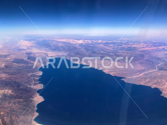 The Gulf of Aqaba (Gulf of Eilat ) from the air showing the South Sinai in Egypt to the left and Jordan and Saudi Arabia on the right.