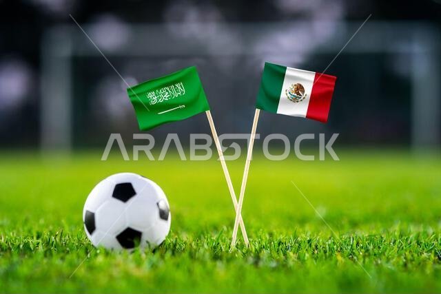Saudi Arabia vs. Mexico, Lusail, Football match wallpaper, Handmade national flags and soccer ball on green grass. Football stadium in background. Bla