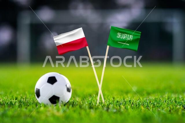 Poland vs. Saudi Arabia, Education City, Football match wallpaper, Handmade national flags and soccer ball on green grass. Football stadium in backgro Poland vs. Saudi Arabia, Education City, Football match wallpaper, Handmade national flags and soccer ball on green grass. Football stadium in backgro