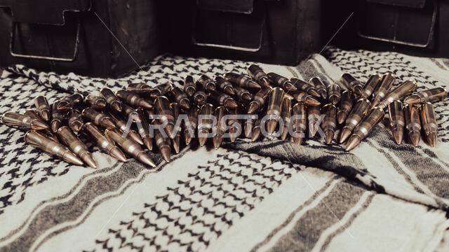 .308 caliber ammunition and ammunition containers on a green-gray fabric background (keffiyeh) .308 caliber ammunition and ammunition containers on a green-gray fabric background (keffiyeh)