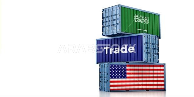 حاويات شحن تحمل أعلام الولايات المتحدة الأمريكية والمملكة العربية السعودية. تصميم ثلاثي الأبعاد حاويات شحن تحمل أعلام الولايات المتحدة الأمريكية والمملكة العربية السعودية. تصميم ثلاثي الأبعاد
