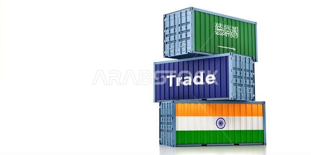 Cargo containers with India and Saudi Arabia national flags. 3D Rendering