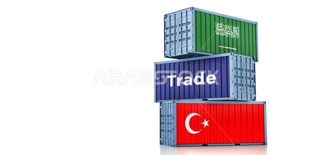 حاويات شحن تحمل أعلام تركيا والمملكة العربية السعودية. تصميم ثلاثي الأبعاد