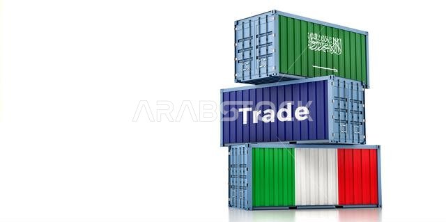 حاويات شحن تحمل أعلام إيطاليا والمملكة العربية السعودية. تصميم ثلاثي الأبعاد