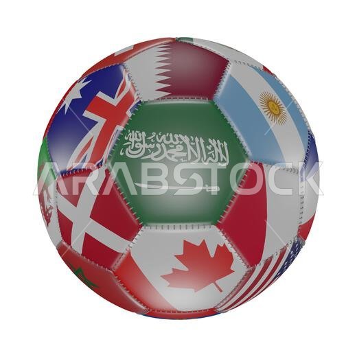 Saudi Arabia flag among other world flags on 3D soccer ball. Isolated on white. Qatar 2022. Render Saudi Arabia flag among other world flags on 3D soccer ball. Isolated on white. Qatar 2022. Render