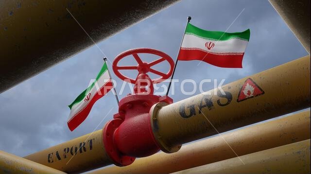 صمام على خط أنابيب الغاز الرئيسي في إيران، خط أنابيب يحمل أعلام إيران، أنابيب غاز من إيران، تصدير الغاز من إيران، عمل ثلاثي الأبعاد وصورة ثلاثية الأبعاد