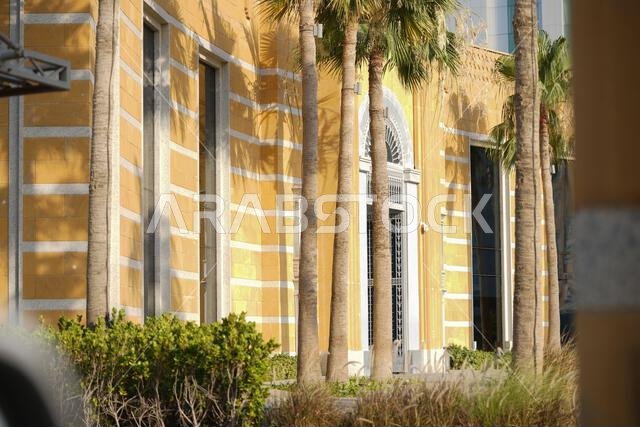Yellow beautiful Building with many palm trees.