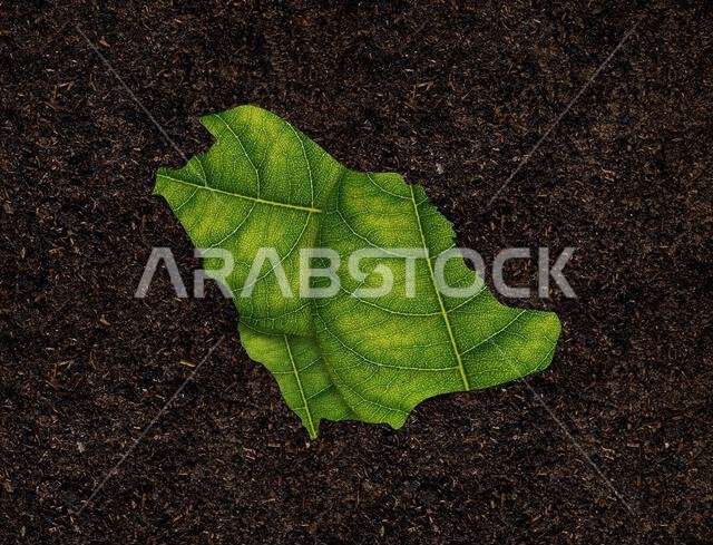 A top view of green leaves with the shape of a Saudi Arabia map on the soil ground