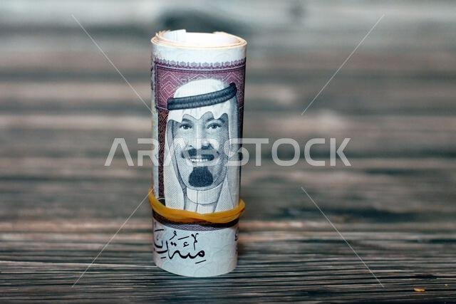 100 ريال سعودي، أوراق نقدية ملفوفة بأربطة مطاطية، تحمل صورة الملك عبد الله والمسجد النبوي، المملكة العربية السعودية
