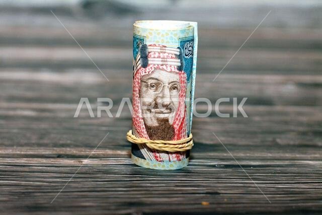 20 SAR twenty Saudi riyals cash money banknote bills rolled up with rubber bands with the photo of king AbdulAziz and Quba mosque, Saudi Arabia money 20 SAR twenty Saudi riyals cash money banknote bills rolled up with rubber bands with the photo of king AbdulAziz and Quba mosque, Saudi Arabia money