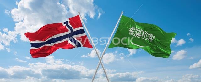 two crossed flags Saudi Arabia and Norway waving in wind at cloudy sky. Concept of relationship, dialog, travelling between two countries. 3d illustra