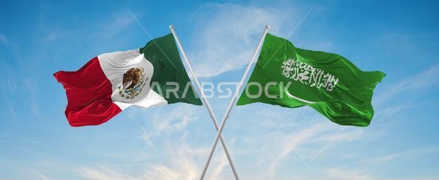 two crossed flags Saudi Arabia and mexico waving in wind at cloudy sky. Concept of relationship, dialog, travelling between two countries. 3d illustra