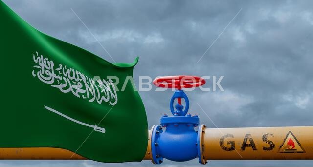 غاز السعودية، صمام على خط أنابيب الغاز الرئيسي في السعودية، خط أنابيب يحمل علم السعودية، أنابيب غاز من السعودية، عمل ثلاثي الأبعاد وصورة ثلاثية الأبعاد