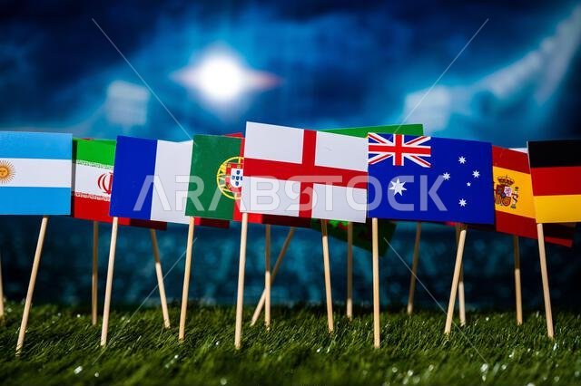 England National Flag and others Flags of football Countries on Green Grass. Sport Wallpaper for Tournament in Qatar