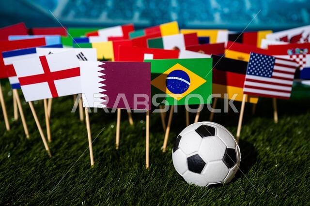 خلفية كرة قدم. كرة قدم على عشب أخضر و32 علمًا ستلعب في قطر في ديسمبر 2022 خلفية كرة قدم. كرة قدم على عشب أخضر و32 علمًا ستلعب في قطر في ديسمبر 2022