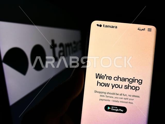 شخص يحمل هاتفًا محمولًا يعرض موقع شركة التكنولوجيا المالية "نخلة لأنظمة تكنولوجيا المعلومات" (تامارا) على الشاشة مع شعارها. التركيز على منتصف شاشة الهاتف.