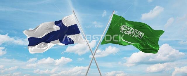two crossed flags Saudi Arabia and finland waving in wind at cloudy sky. Concept of relationship, dialog, travelling between two countries. 3d illustr