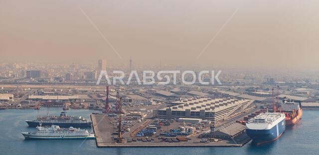Jeddah, Saudi Arabia - December 22, 2019: Jeddah port on a daytime, aerial view with cargo ships