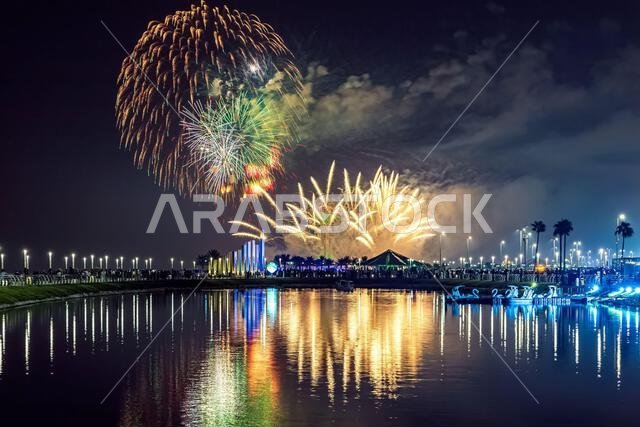 Fireworks at Al Khobar, Saudi Arabia September 23 2022 : National Day Celebration of Kingdom of Saudi Arabia.