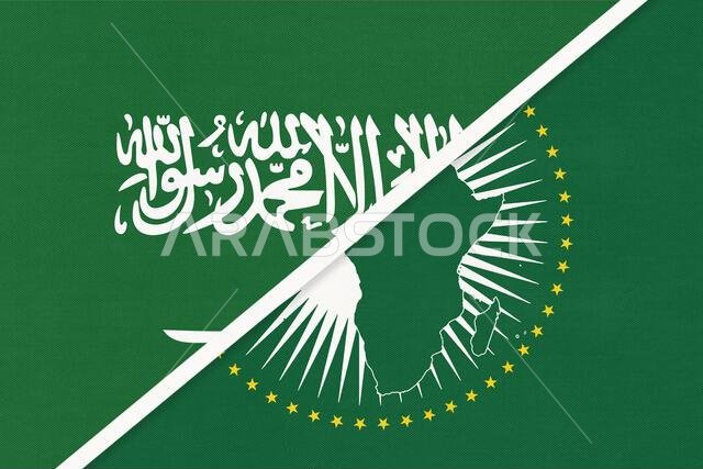 الاتحاد الأفريقي والمملكة العربية السعودية، علم وطني مصنوع من النسيج. قارة أفريقيا مقابل رمز عربي. الاتحاد الأفريقي والمملكة العربية السعودية، علم وطني مصنوع من النسيج. قارة أفريقيا مقابل رمز عربي.
