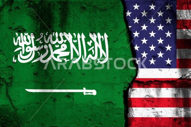 أزمة بين الولايات المتحدة والسعودية. خلفية عليها أعلام وطنية على جدار متصدع